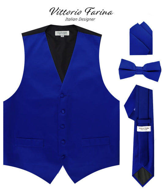 Vittorio Farina Men's Satin Vest, Necktie, Bow Tie and Pocket Square Set (Black Back) - Suits You Sir - Royal Blue - XS