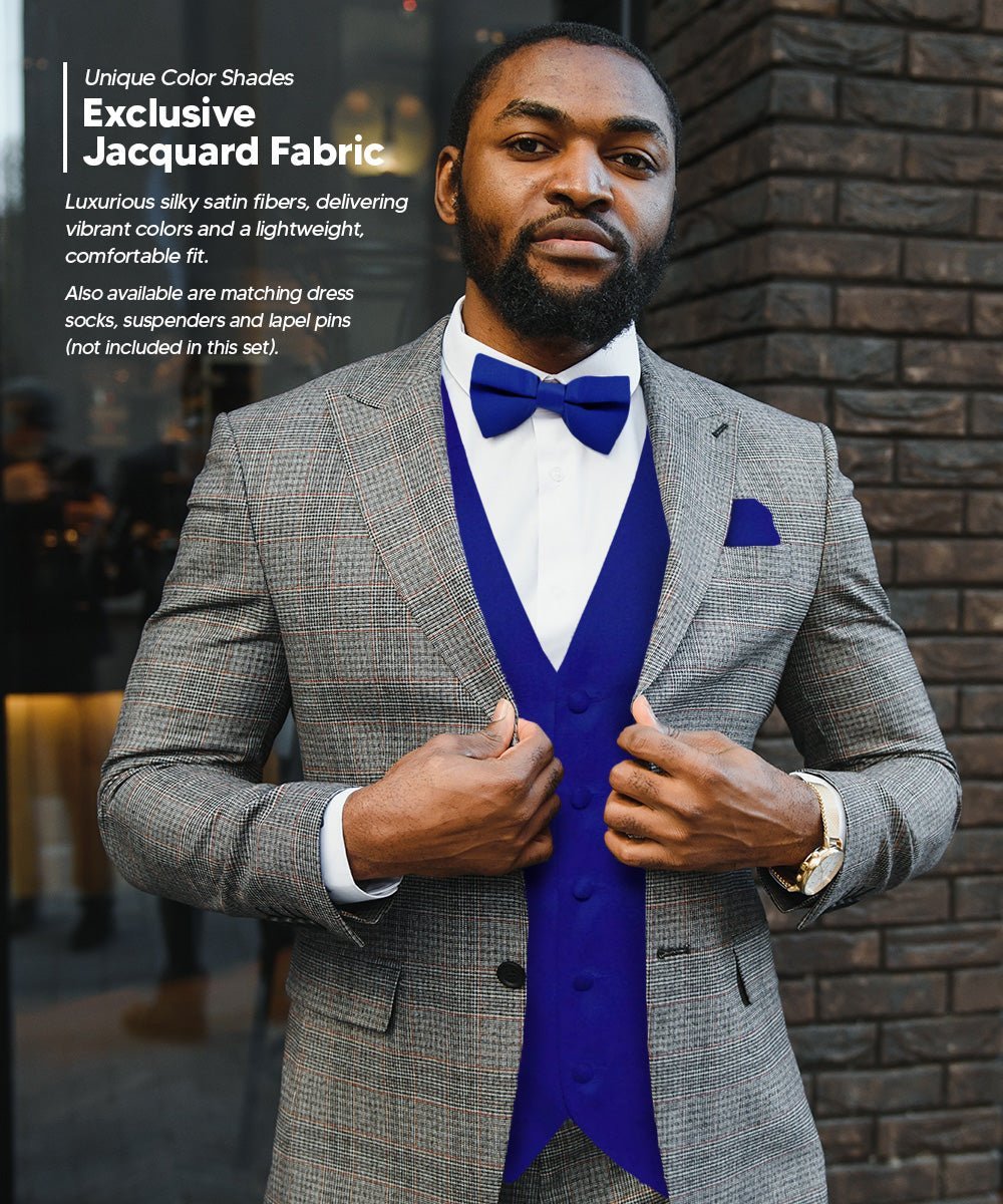 Vittorio Farina Men's Satin Vest, Necktie, Bow Tie and Pocket Square Set (Black Back) - Suits You Sir - Royal Blue - XS
