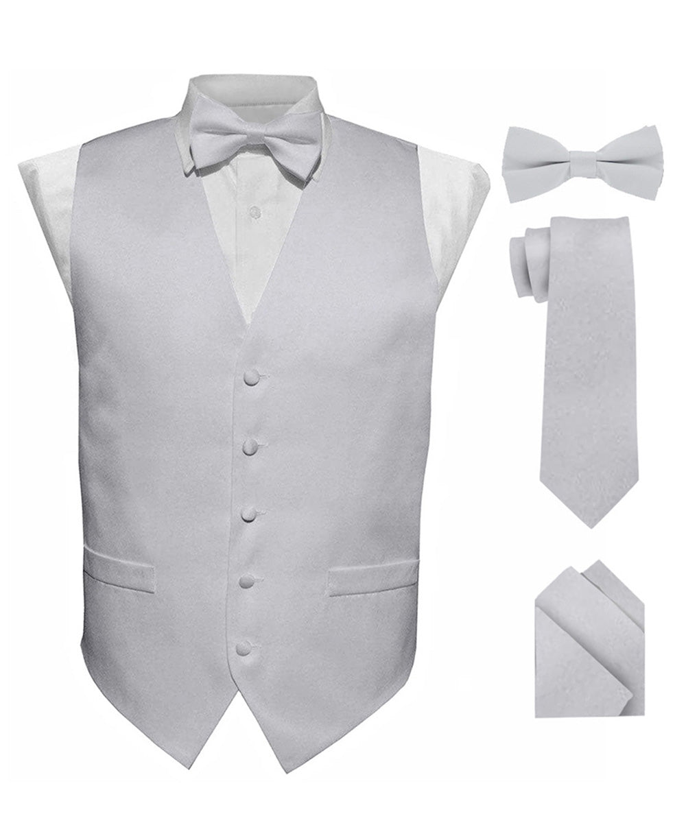 Vittorio Farina Men's Satin Vest, Necktie, Bow Tie and Pocket Square Set (Black Back) - Suits You Sir - Silver - XS