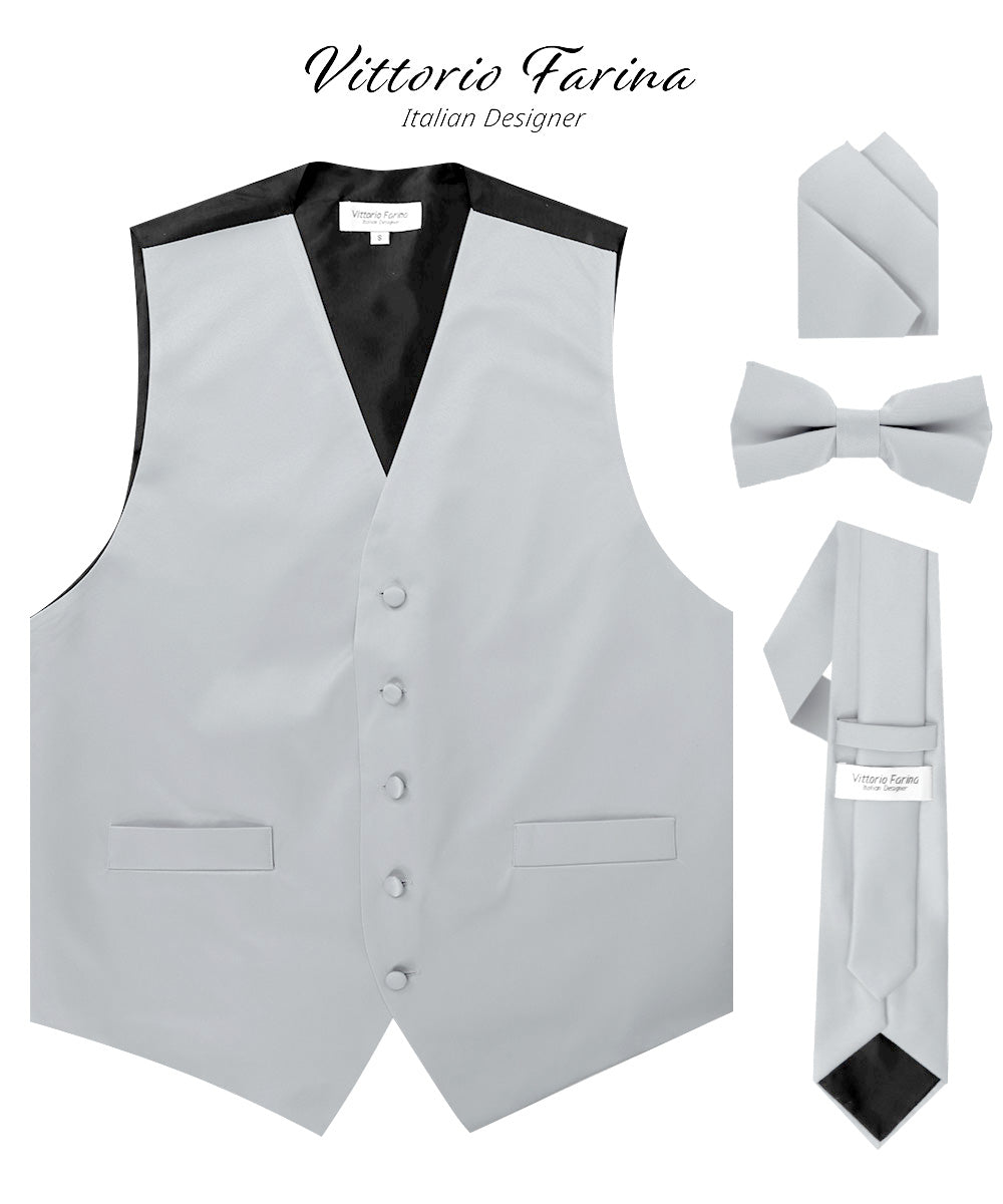 Vittorio Farina Men's Satin Vest, Necktie, Bow Tie and Pocket Square Set (Black Back) - Suits You Sir - Silver - XS