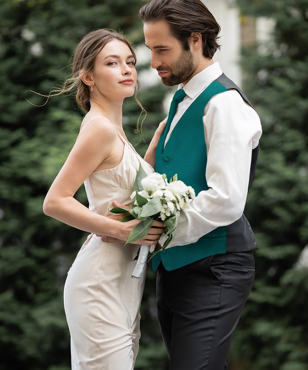 Vittorio Farina Men's Satin Vest, Necktie, Bow Tie and Pocket Square Set (Black Back) - Suits You Sir - Teal Green - XS