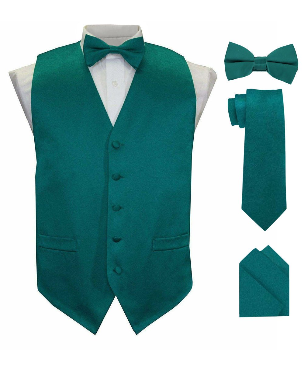 Vittorio Farina Men's Satin Vest, Necktie, Bow Tie and Pocket Square Set (Black Back) - Suits You Sir - Teal Green - XS