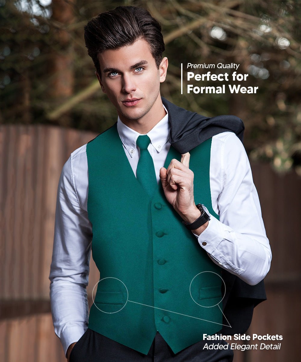 Vittorio Farina Men's Satin Vest, Necktie, Bow Tie and Pocket Square Set (Black Back) - Suits You Sir - Teal Green - XS