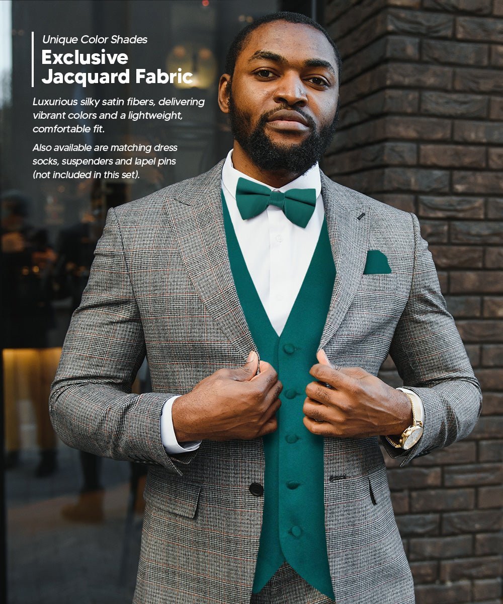 Vittorio Farina Men's Satin Vest, Necktie, Bow Tie and Pocket Square Set (Black Back) - Suits You Sir - Teal Green - XS