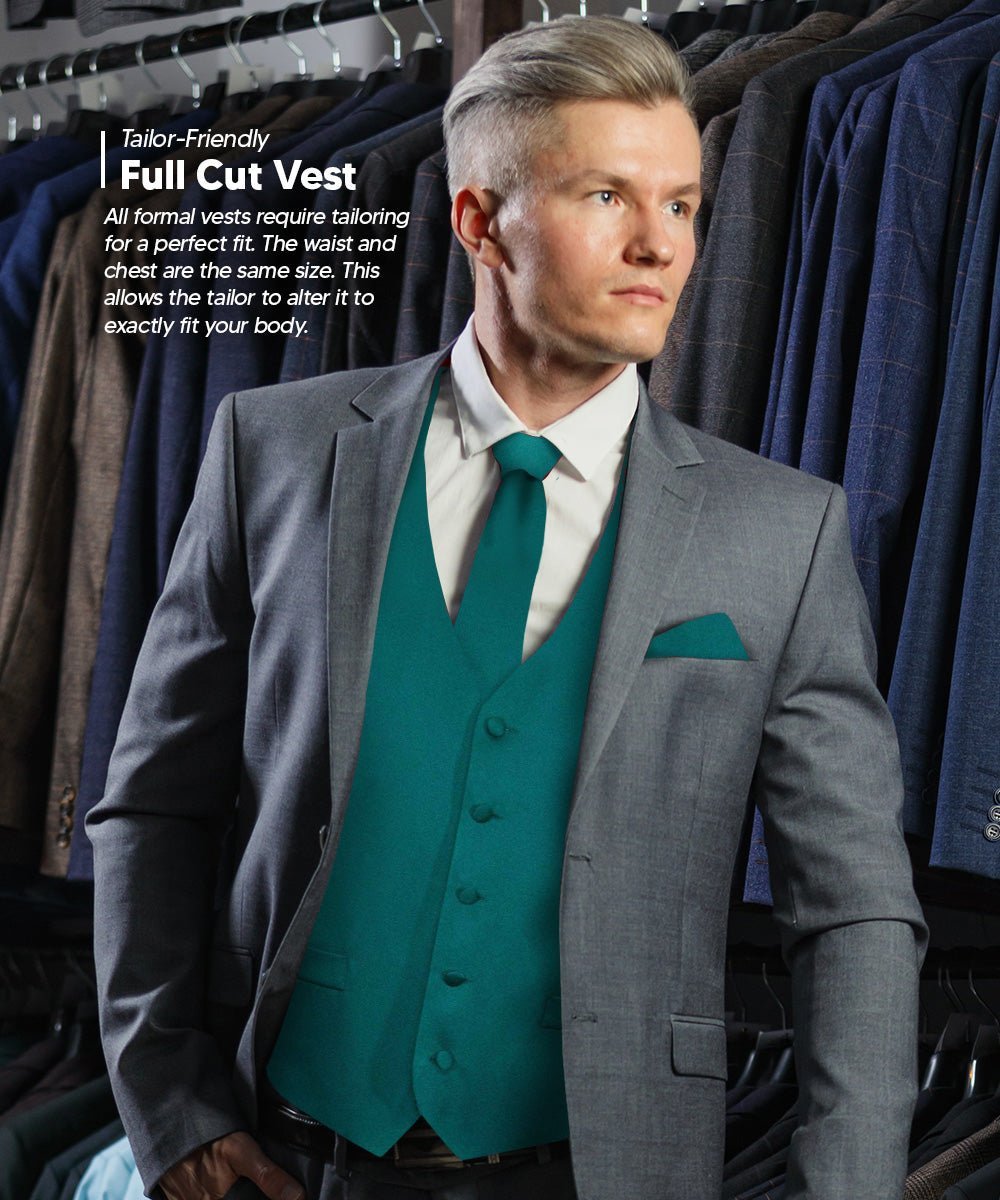 Vittorio Farina Men's Satin Vest, Necktie, Bow Tie and Pocket Square Set (Black Back) - Suits You Sir - Teal Green - XS