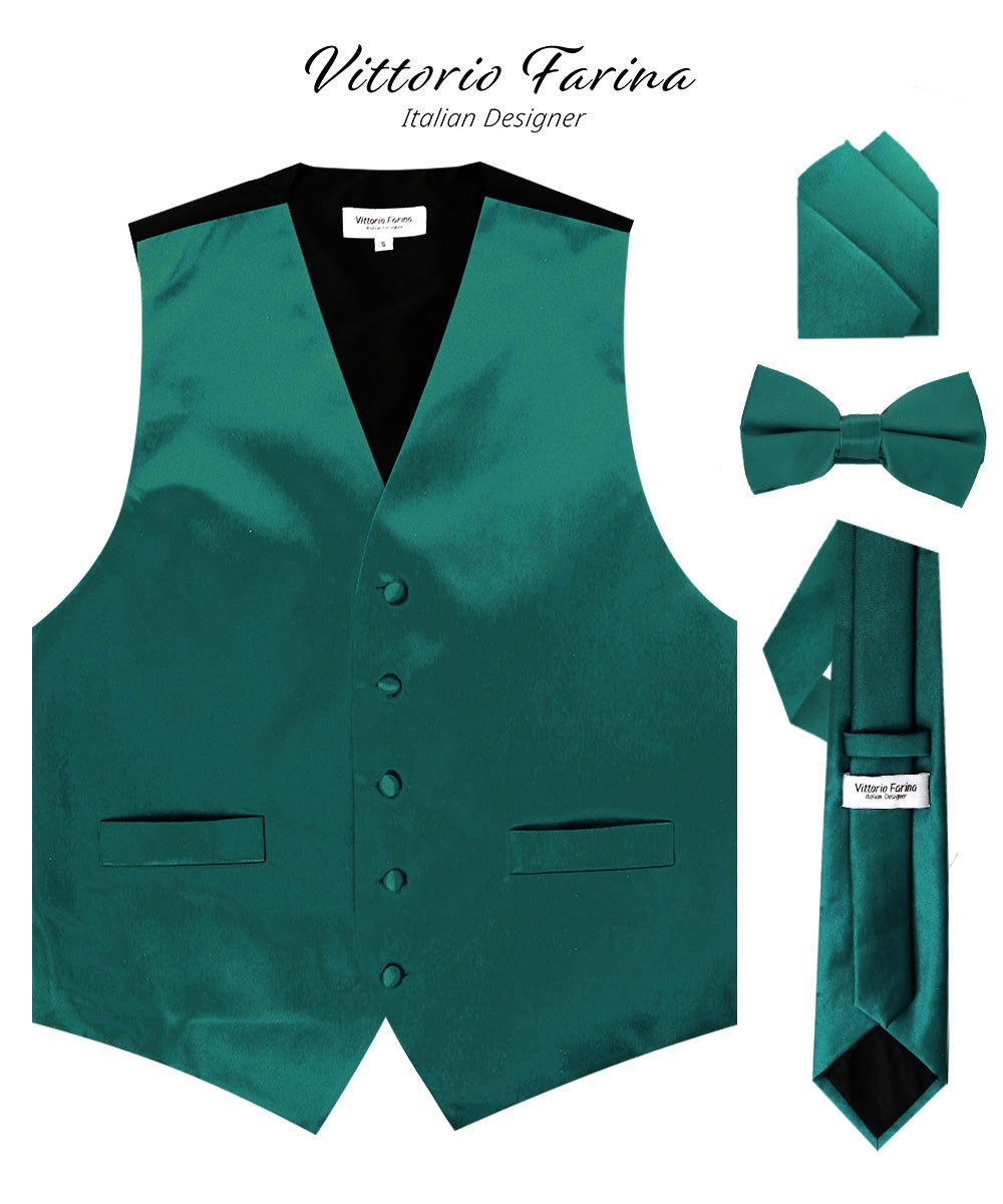 Vittorio Farina Men's Satin Vest, Necktie, Bow Tie and Pocket Square Set (Black Back) - Suits You Sir - Teal Green - XS