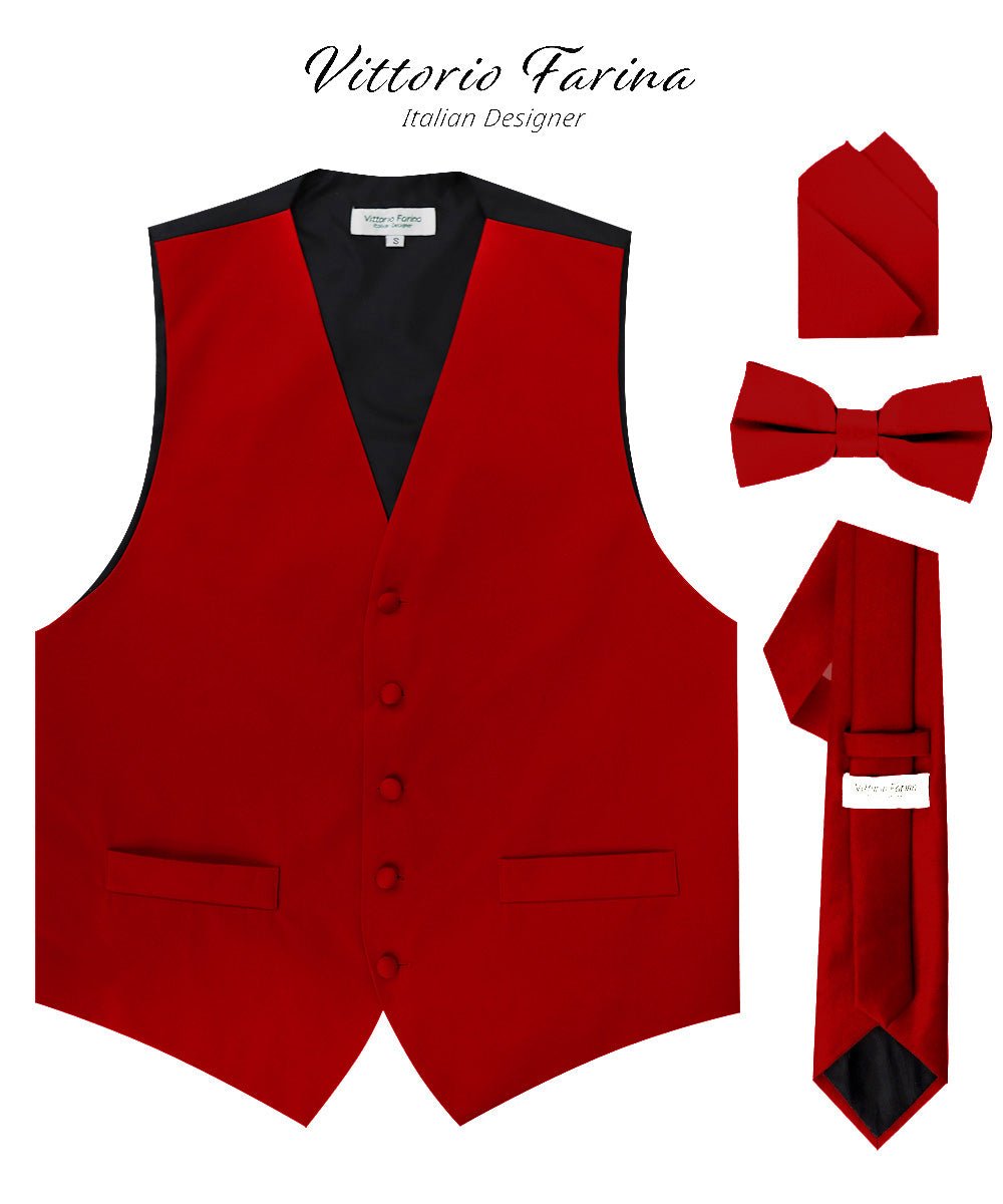 Vittorio Farina Men's Satin Vest, Necktie, Bow Tie and Pocket Square Set (Black Back) - Suits You Sir - Wine - XS