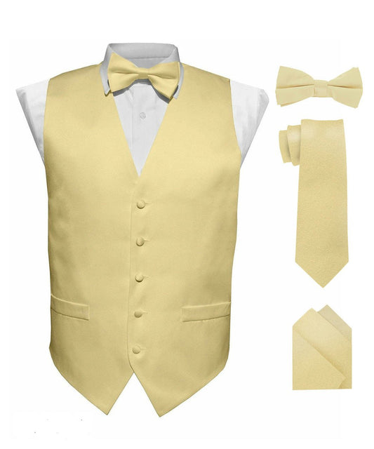 Vittorio Farina Men's Satin Vest, Necktie, Bow Tie and Pocket Square Set (White Back) - Suits You Sir - Beige - XS