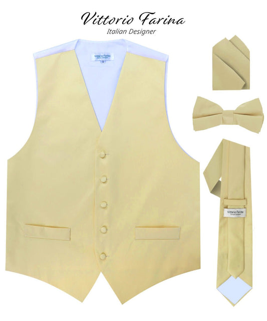 Vittorio Farina Men's Satin Vest, Necktie, Bow Tie and Pocket Square Set (White Back) - Suits You Sir - Beige - XS