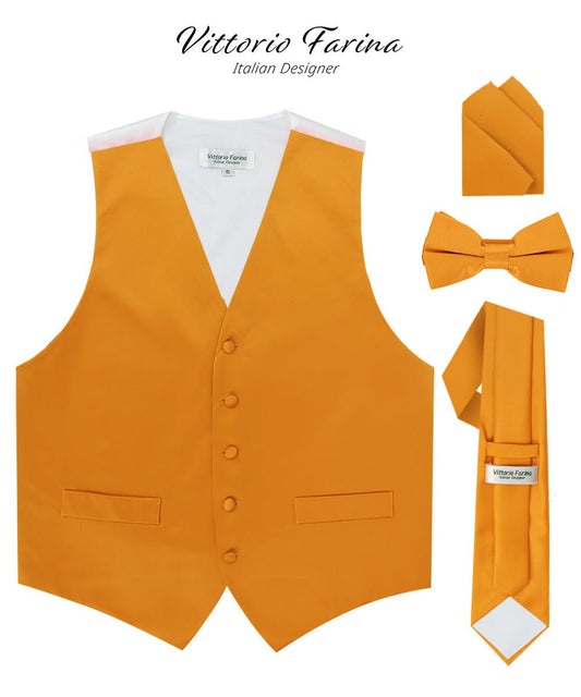 Vittorio Farina Men's Satin Vest, Necktie, Bow Tie and Pocket Square Set (White Back) - Suits You Sir - Mustard Yellow - XS
