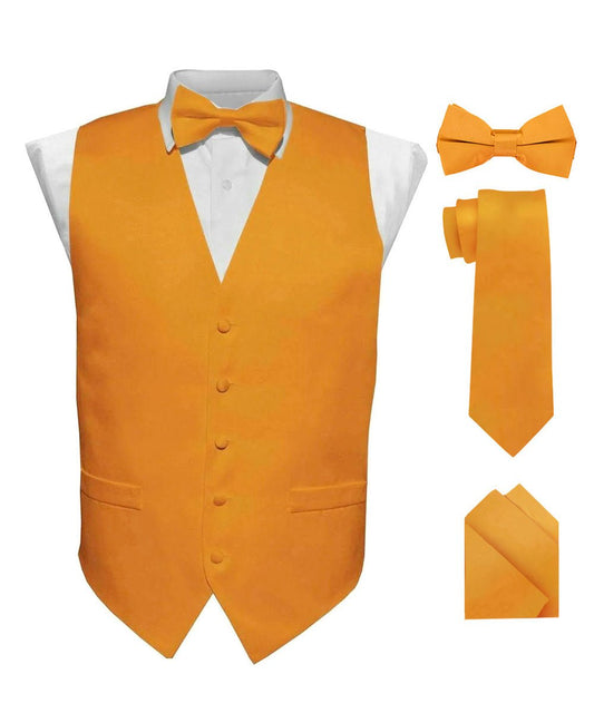 Vittorio Farina Men's Satin Vest, Necktie, Bow Tie and Pocket Square Set (White Back) - Suits You Sir - Mustard Yellow - XS