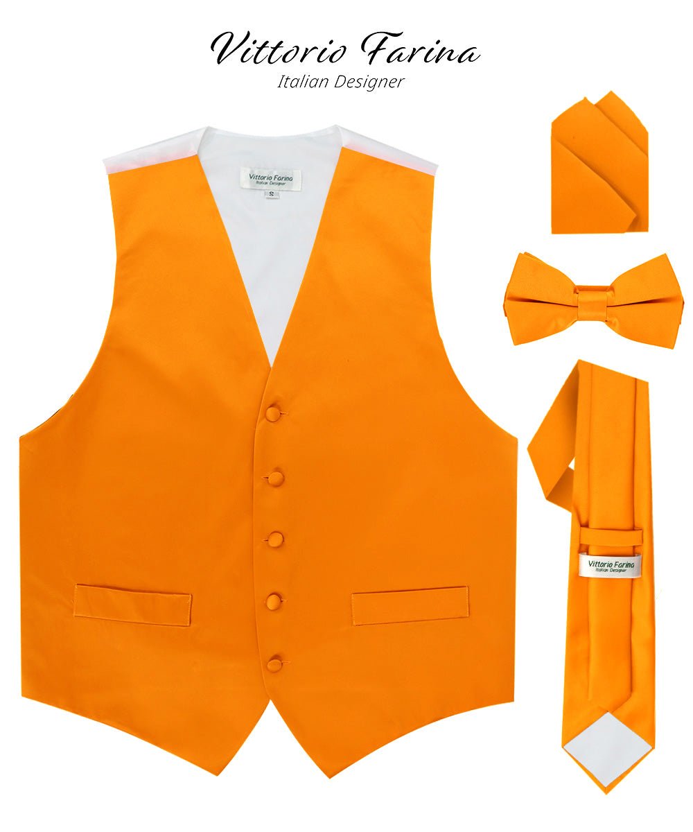 Vittorio Farina Men's Satin Vest, Necktie, Bow Tie and Pocket Square Set (White Back) - Suits You Sir - Orange - XS