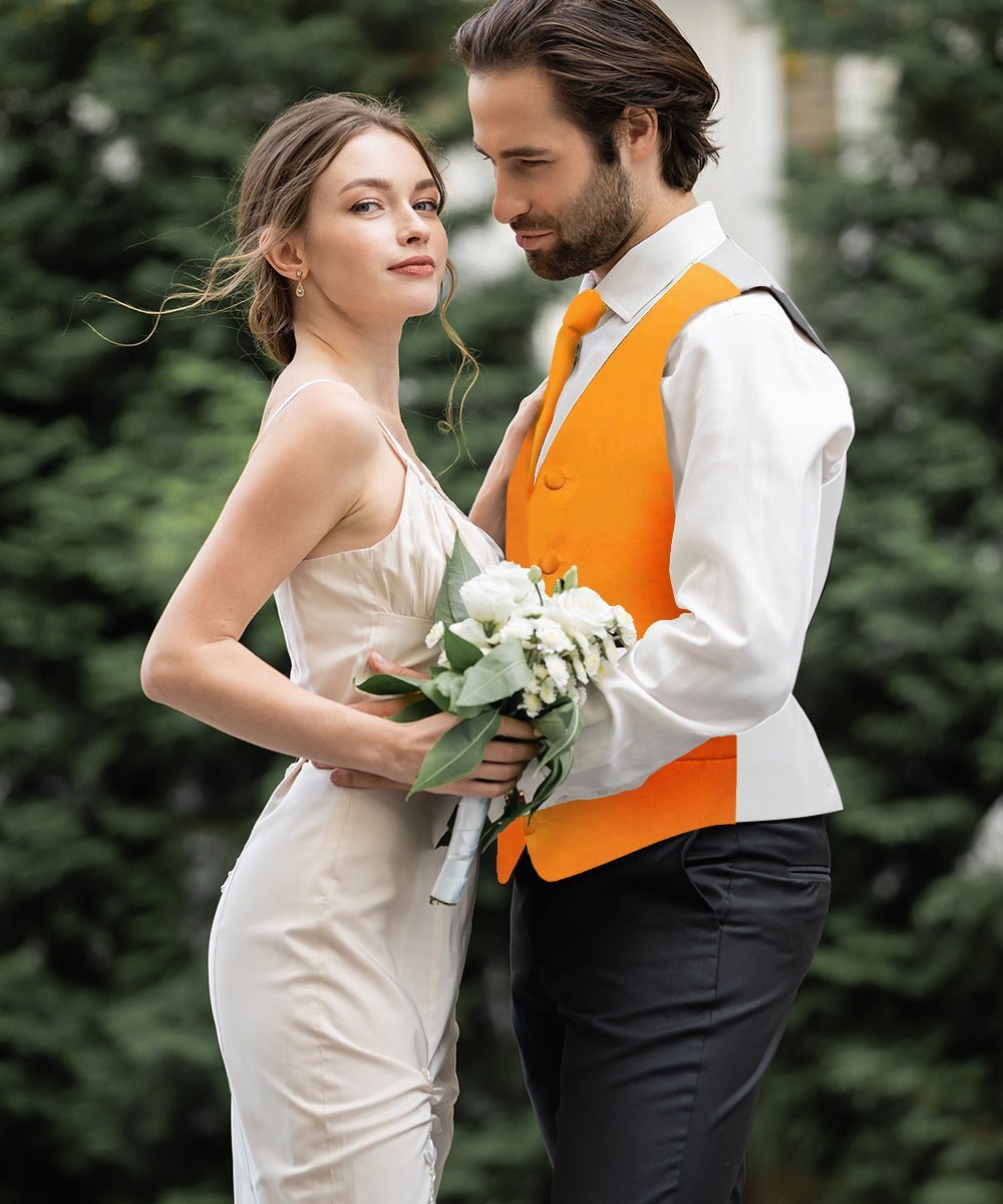Vittorio Farina Men's Satin Vest, Necktie, Bow Tie and Pocket Square Set (White Back) - Suits You Sir - Orange - XS