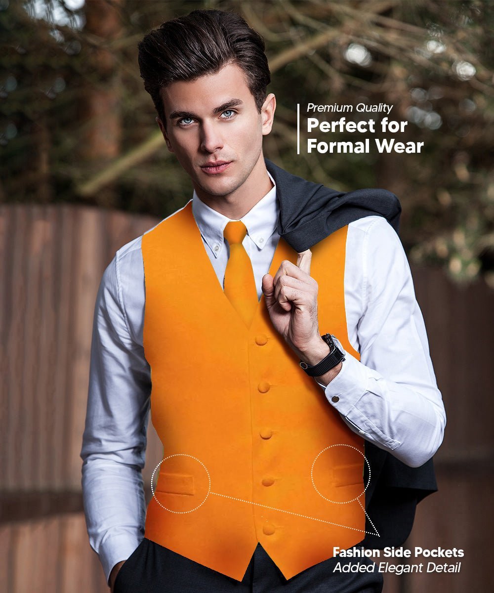 Vittorio Farina Men's Satin Vest, Necktie, Bow Tie and Pocket Square Set (White Back) - Suits You Sir - Orange - XS