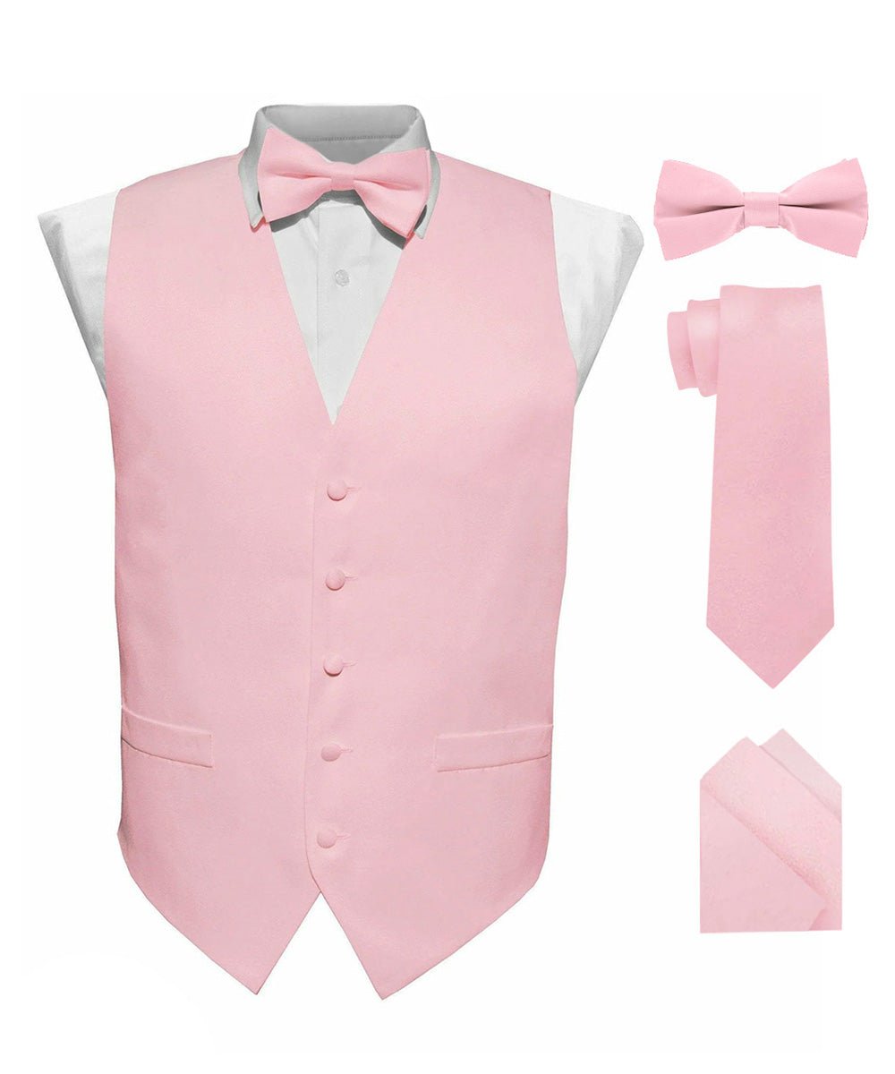 Vittorio Farina Men's Satin Vest, Necktie, Bow Tie and Pocket Square Set (White Back) - Suits You Sir - Pink - XS
