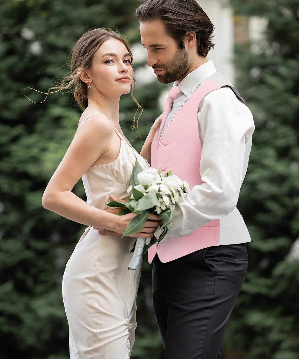 Vittorio Farina Men's Satin Vest, Necktie, Bow Tie and Pocket Square Set (White Back) - Suits You Sir - Pink - XS