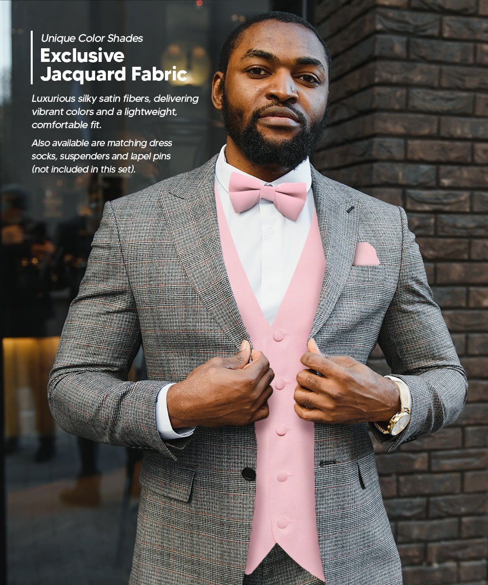 Vittorio Farina Men's Satin Vest, Necktie, Bow Tie and Pocket Square Set (White Back) - Suits You Sir - Pink - XS