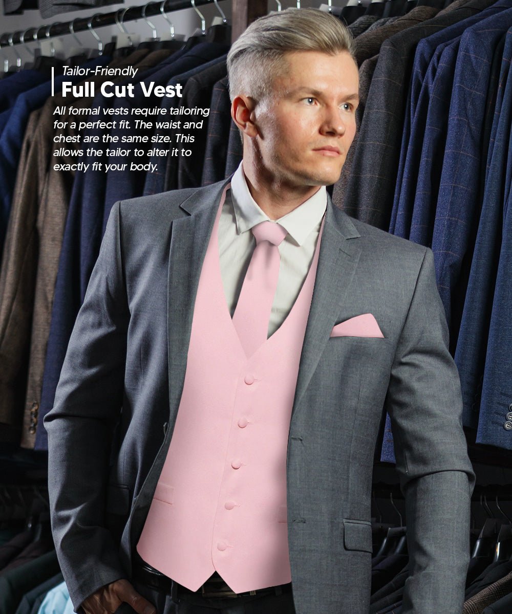 Vittorio Farina Men's Satin Vest, Necktie, Bow Tie and Pocket Square Set (White Back) - Suits You Sir - Pink - XS