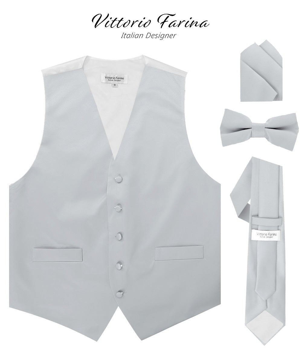 Vittorio Farina Men's Satin Vest, Necktie, Bow Tie and Pocket Square Set (White Back) - Suits You Sir - Silver - XS