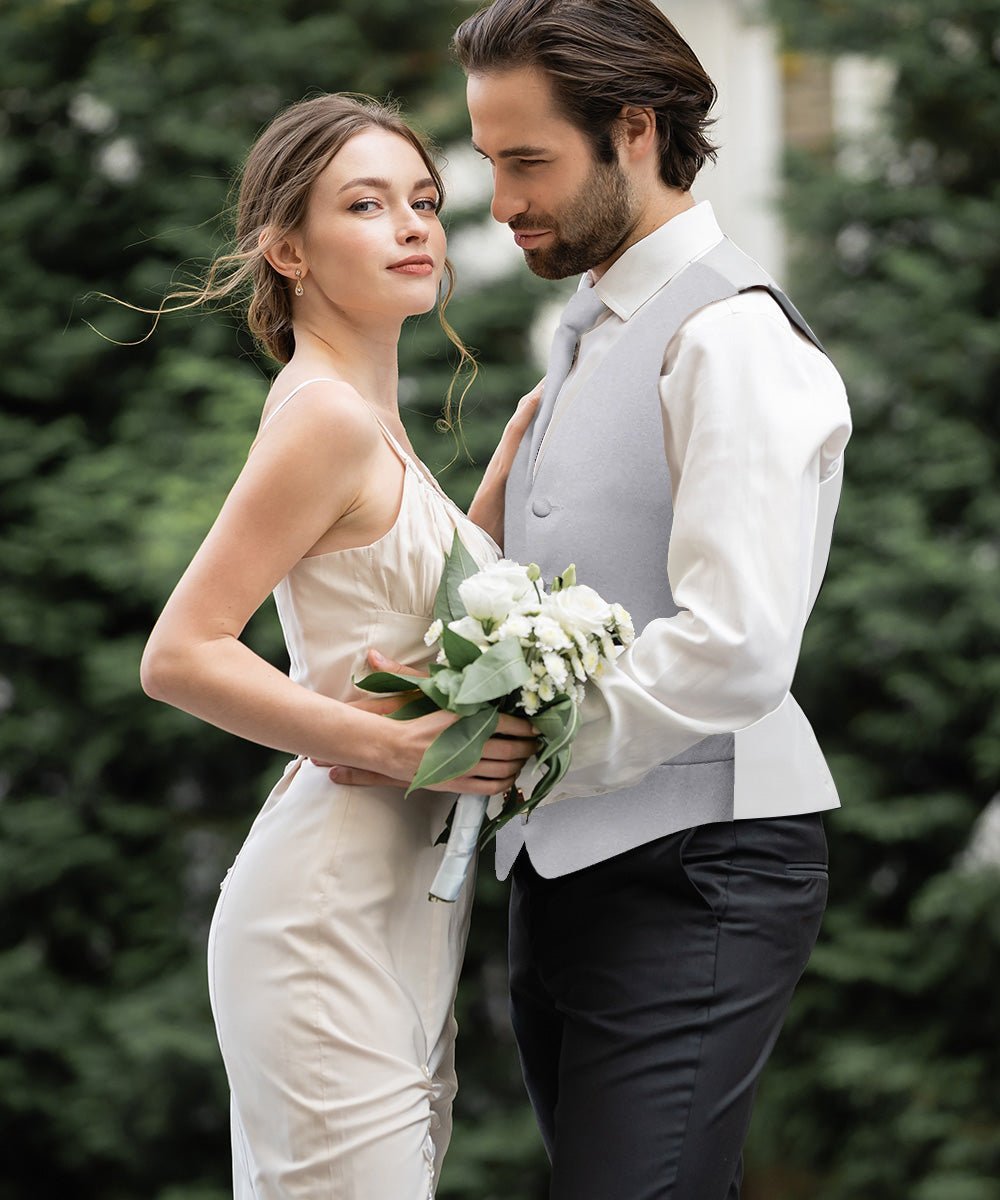 Vittorio Farina Men's Satin Vest, Necktie, Bow Tie and Pocket Square Set (White Back) - Suits You Sir - Silver - XS