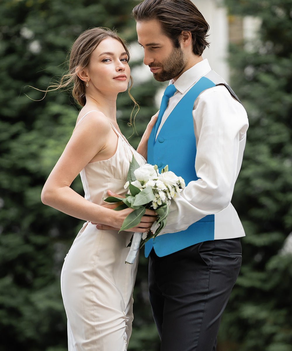 Vittorio Farina Men's Satin Vest, Necktie, Bow Tie and Pocket Square Set (White Back) - Suits You Sir - Turquoise - XS
