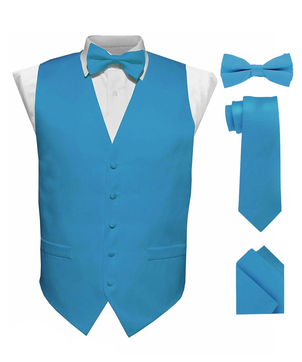 Vittorio Farina Men's Satin Vest, Necktie, Bow Tie and Pocket Square Set (White Back) - Suits You Sir - Turquoise - XS
