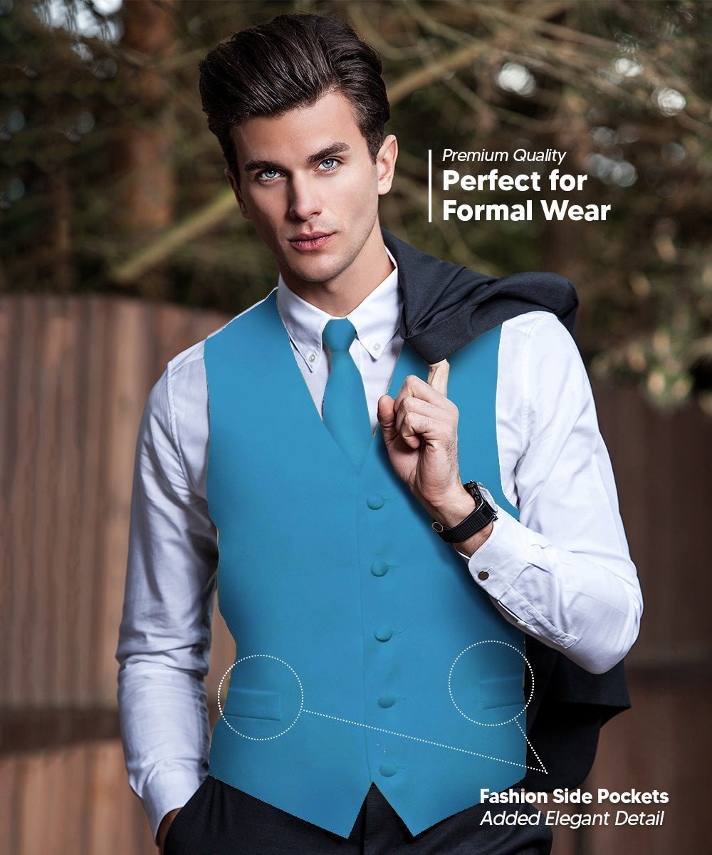 Vittorio Farina Men's Satin Vest, Necktie, Bow Tie and Pocket Square Set (White Back) - Suits You Sir - Turquoise - XS