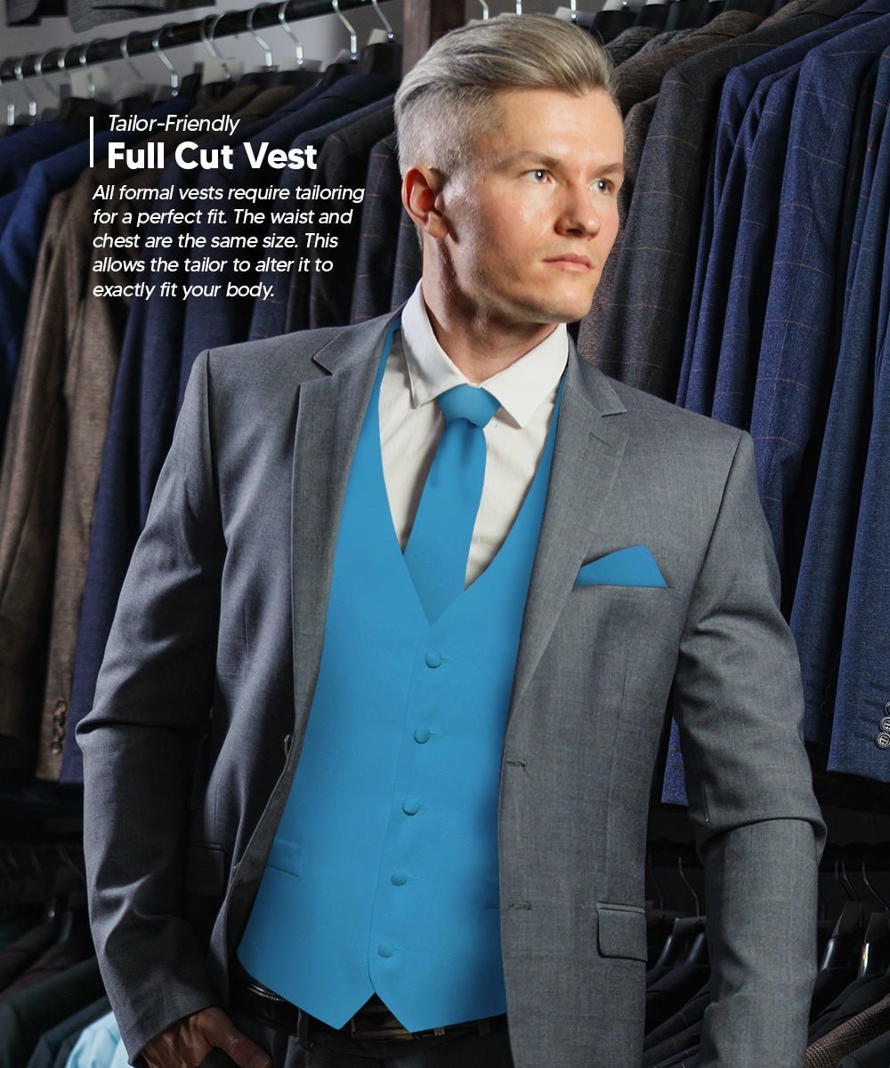 Vittorio Farina Men's Satin Vest, Necktie, Bow Tie and Pocket Square Set (White Back) - Suits You Sir - Turquoise - XS