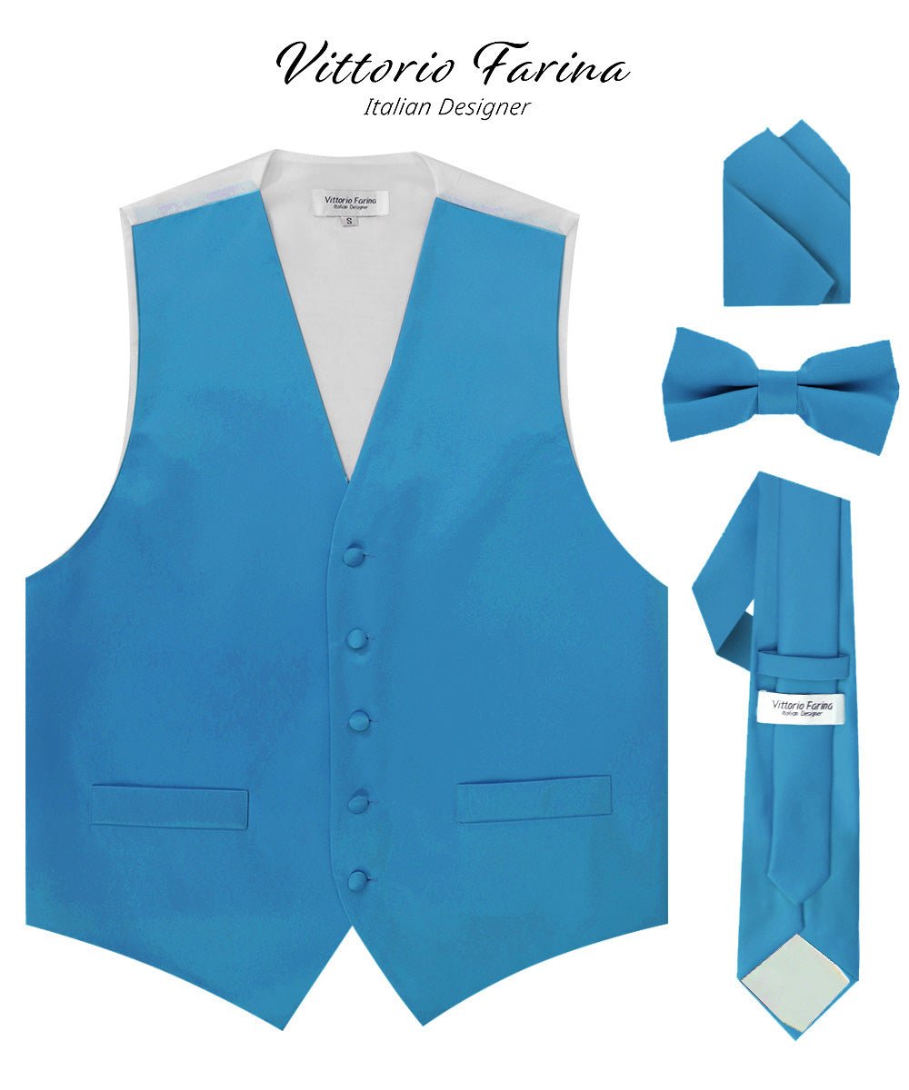 Vittorio Farina Men's Satin Vest, Necktie, Bow Tie and Pocket Square Set (White Back) - Suits You Sir - Turquoise - XS