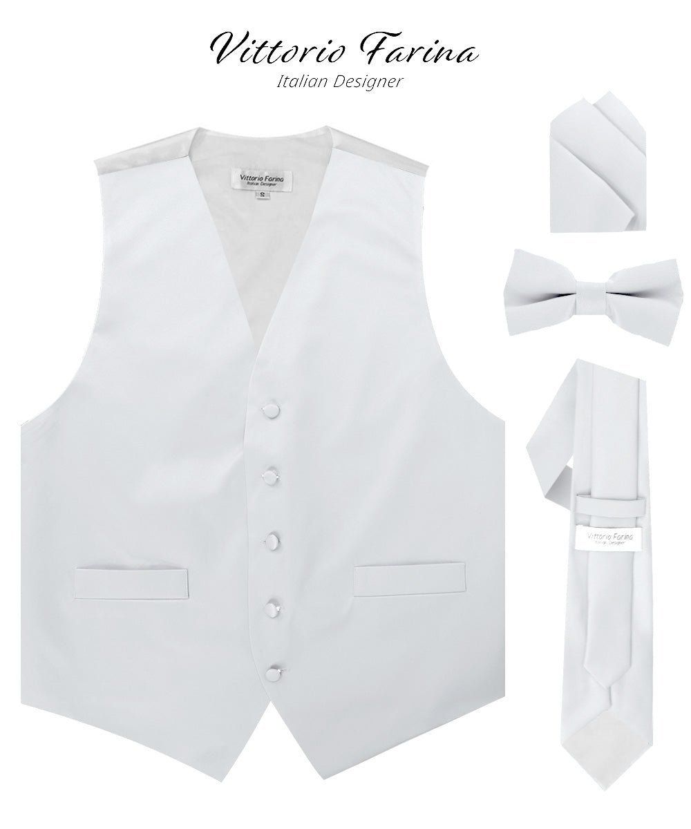 Vittorio Farina Men's Satin Vest, Necktie, Bow Tie and Pocket Square Set (White Back) - Suits You Sir - White - XS