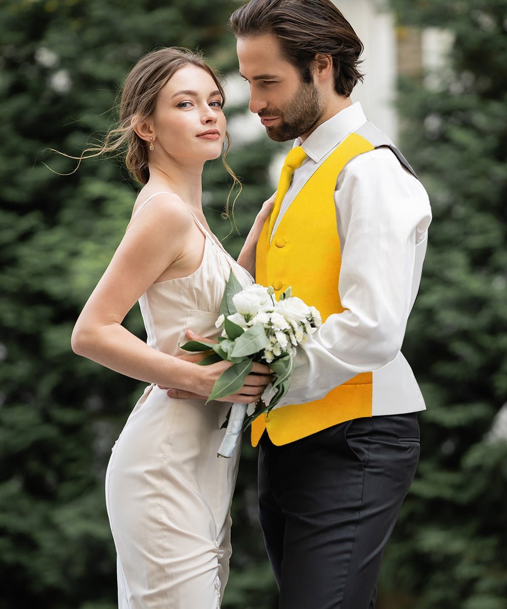 Vittorio Farina Men's Satin Vest, Necktie, Bow Tie and Pocket Square Set (White Back) - Suits You Sir - Yellow - XS