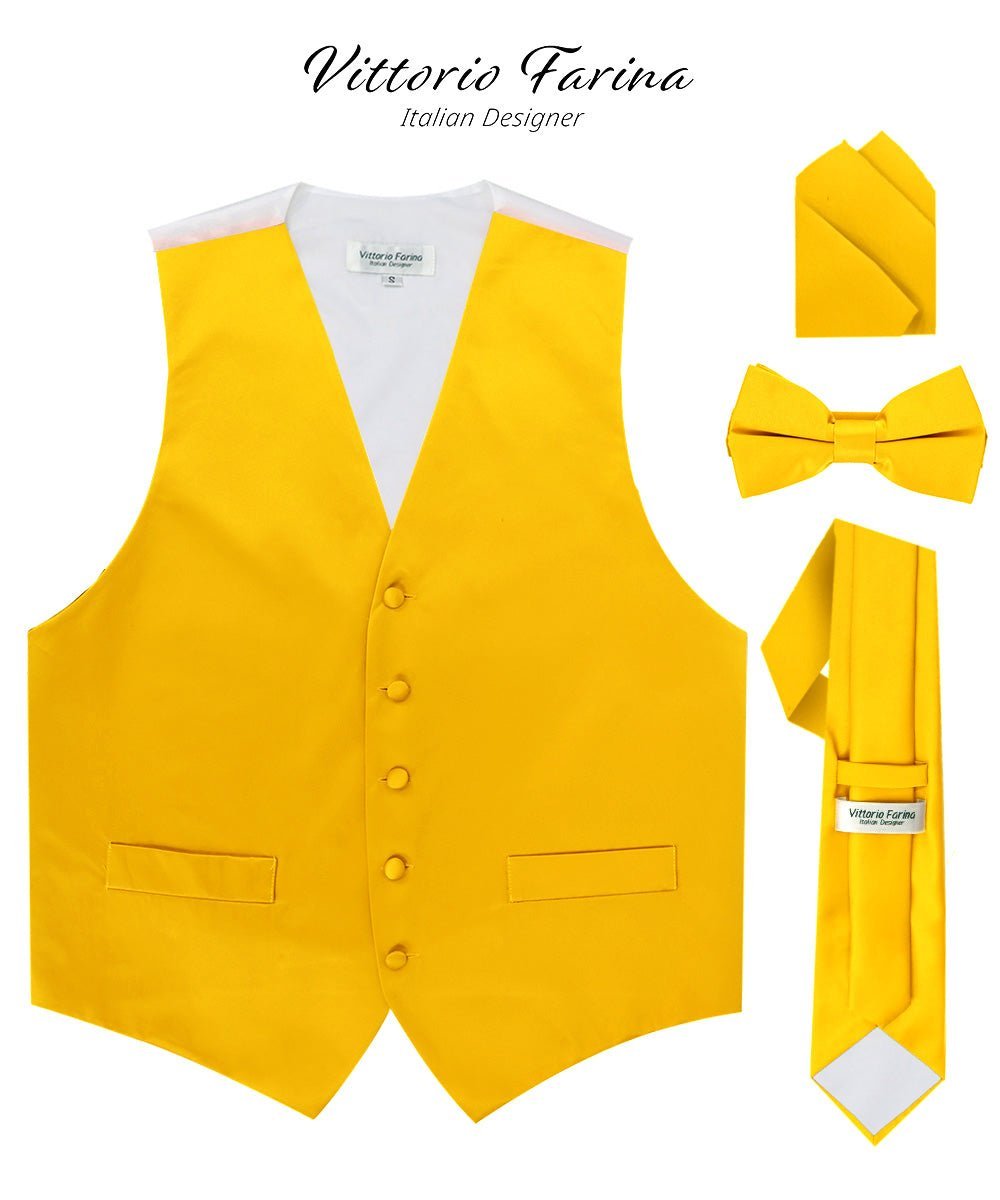 Vittorio Farina Men's Satin Vest, Necktie, Bow Tie and Pocket Square Set (White Back) - Suits You Sir - Yellow - XS