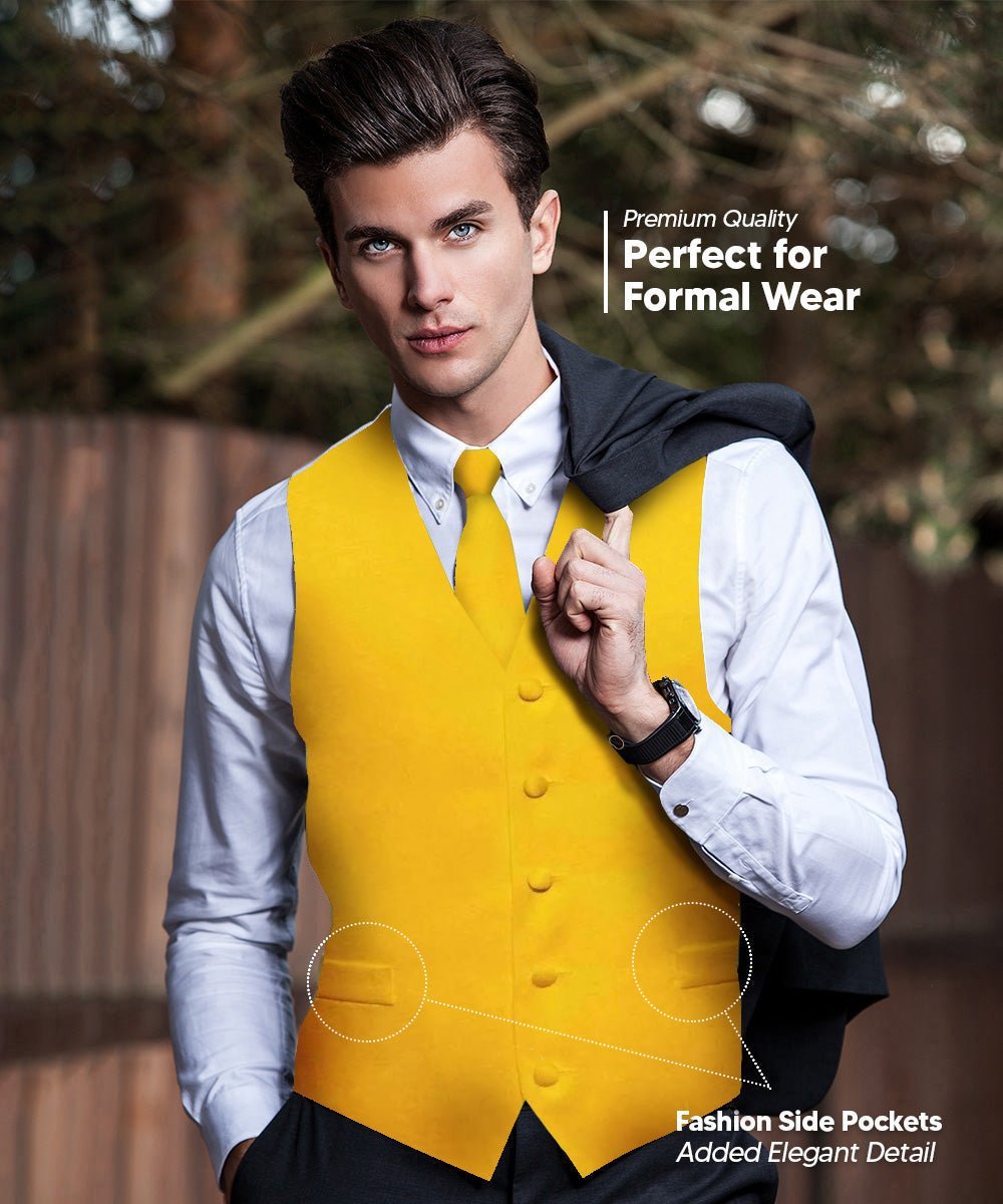 Vittorio Farina Men's Satin Vest, Necktie, Bow Tie and Pocket Square Set (White Back) - Suits You Sir - Yellow - XS