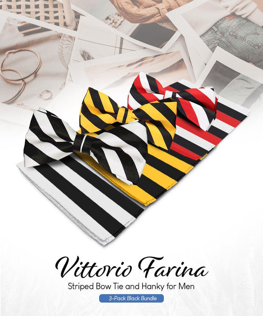 Vittorio Farina Men's Striped Satin Bow Tie & Pocket Square in Gift Box (Multipack) - Suits You Sir - Black and White/Black and Gold/Black, White & Red -