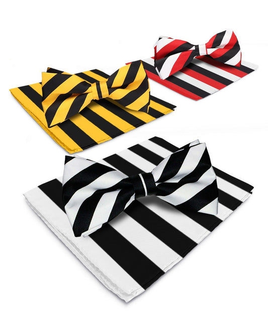 Vittorio Farina Men's Striped Satin Bow Tie & Pocket Square in Gift Box (Multipack) - Suits You Sir - Black and White/Black and Gold/Black, White & Red -