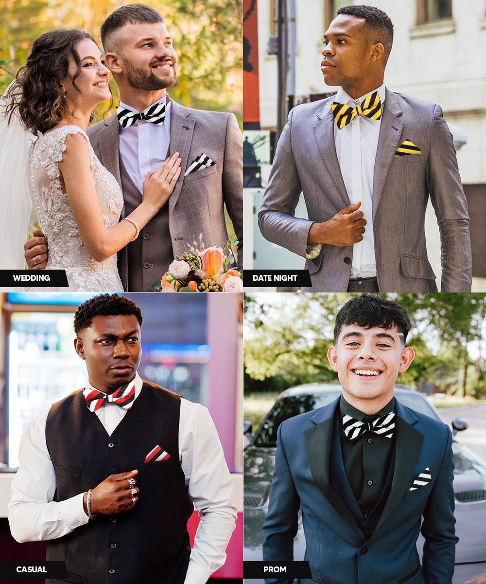 Vittorio Farina Men's Striped Satin Bow Tie & Pocket Square in Gift Box (Multipack) - Suits You Sir - Black and White/Black and Gold/Black, White & Red -