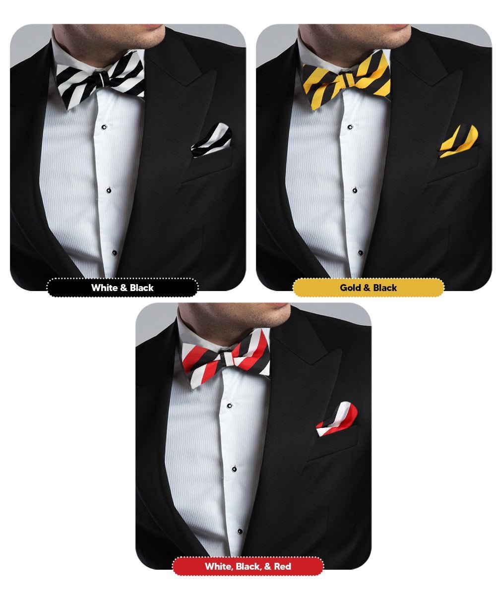 Vittorio Farina Men's Striped Satin Bow Tie & Pocket Square in Gift Box (Multipack) - Suits You Sir - Black and White/Black and Gold/Black, White & Red -