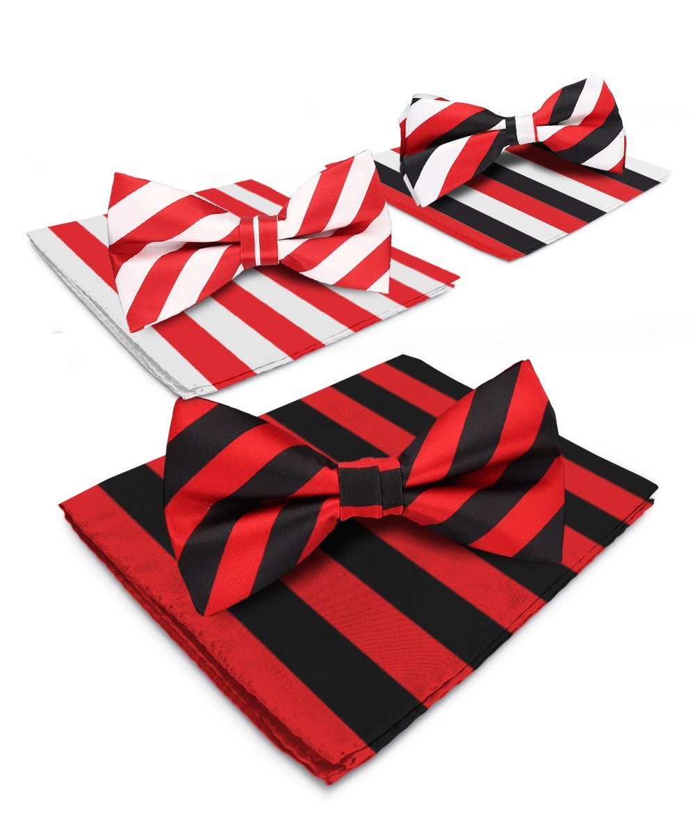Vittorio Farina Men's Striped Satin Bow Tie & Pocket Square in Gift Box (Multipack) - Suits You Sir - Red and White/Red and Black/Red, White and Black -