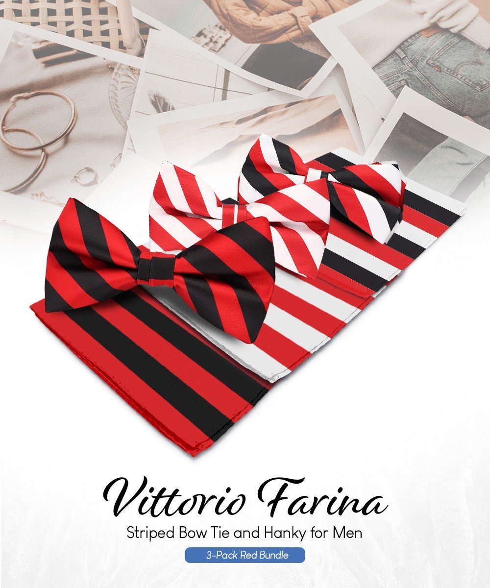 Vittorio Farina Men's Striped Satin Bow Tie & Pocket Square in Gift Box (Multipack) - Suits You Sir - Red and White/Red and Black/Red, White and Black -