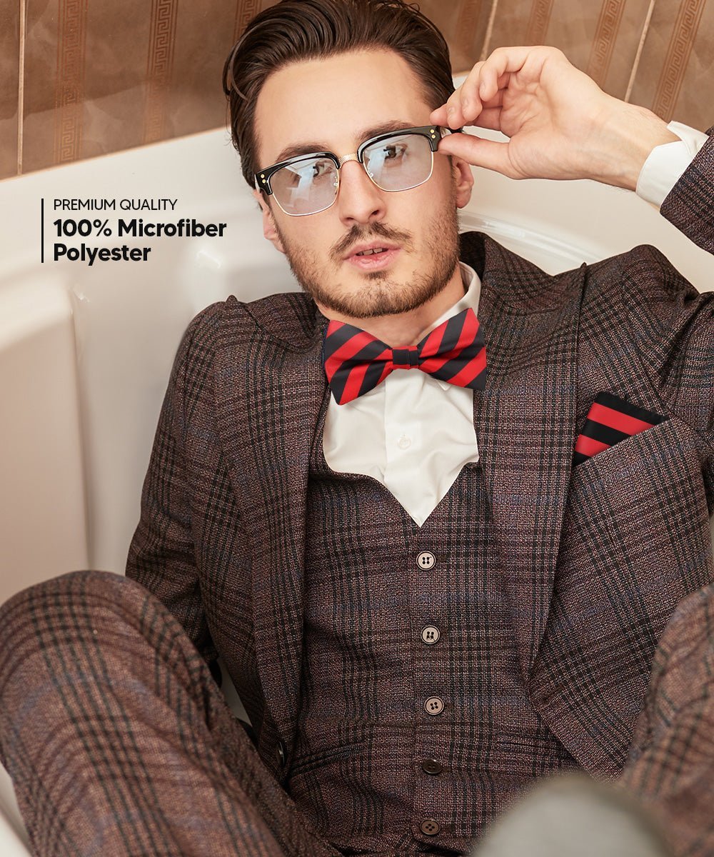 Vittorio Farina Men's Striped Satin Bow Tie & Pocket Square in Gift Box (Multipack) - Suits You Sir - Red and White/Red and Black/Red, White and Black -