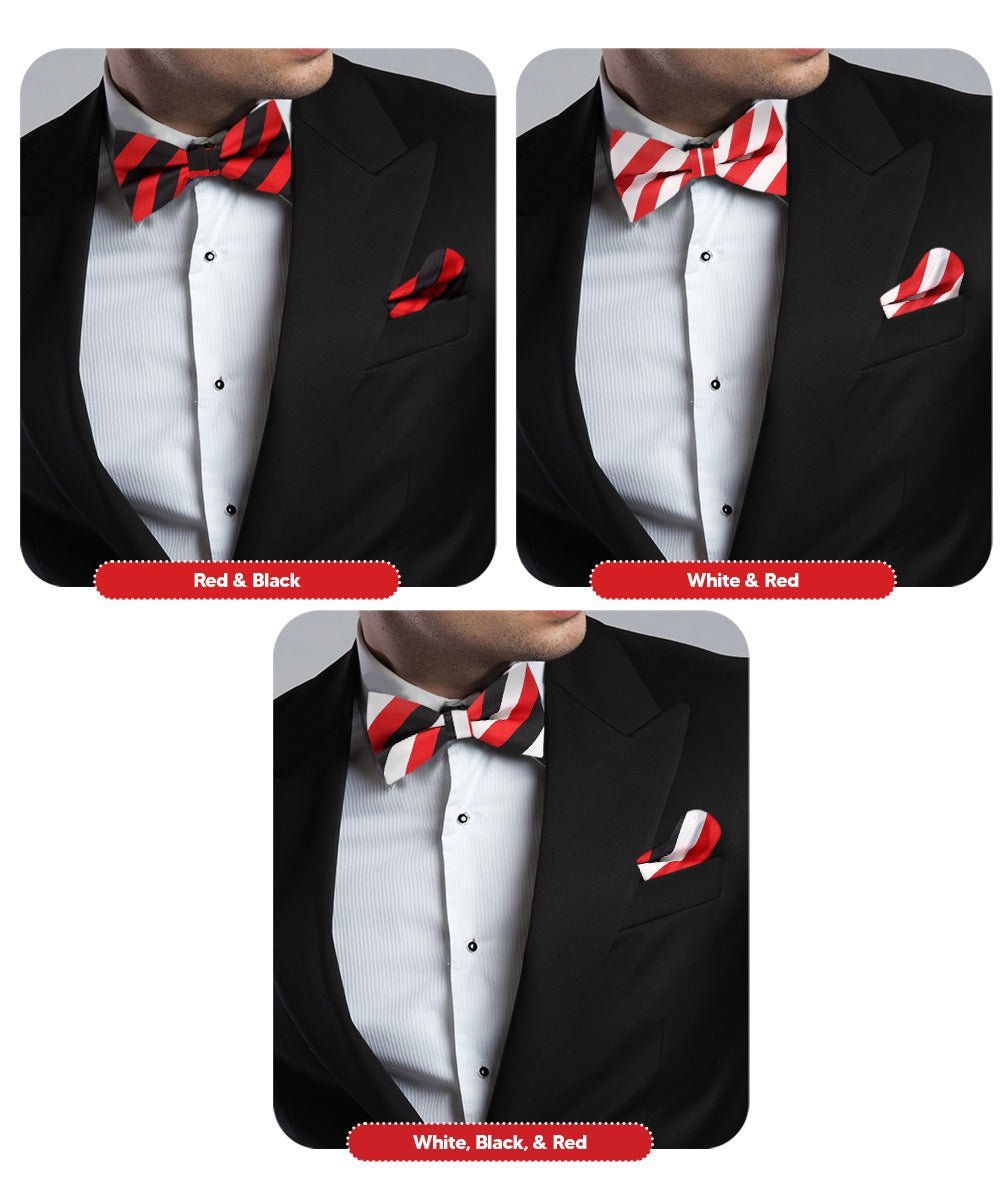 Vittorio Farina Men's Striped Satin Bow Tie & Pocket Square in Gift Box (Multipack) - Suits You Sir - Red and White/Red and Black/Red, White and Black -