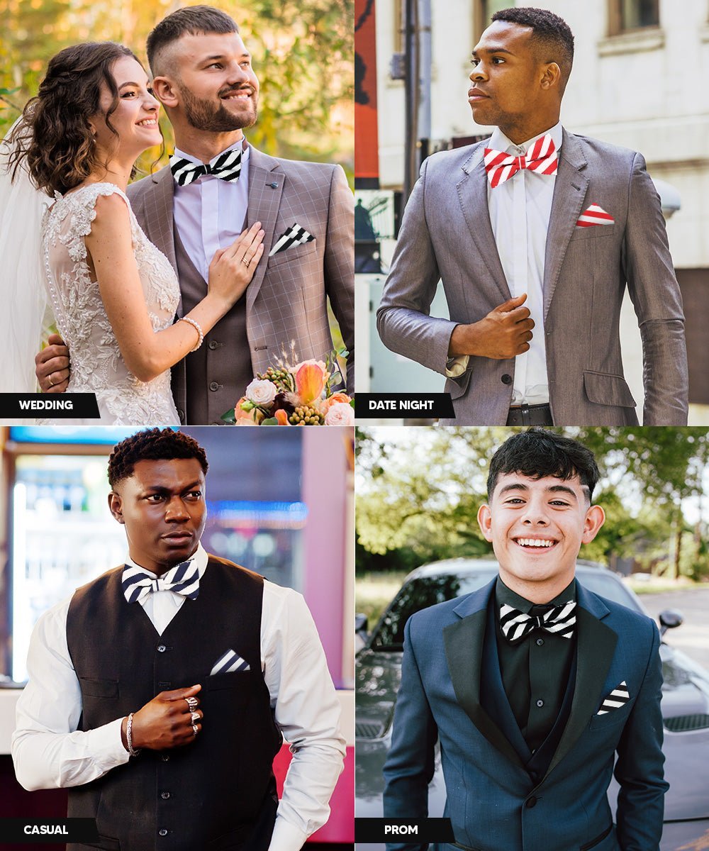 Vittorio Farina Men's Striped Satin Bow Tie & Pocket Square in Gift Box (Multipack) - Suits You Sir - White and Black/White and Red/White and Navy Blue -