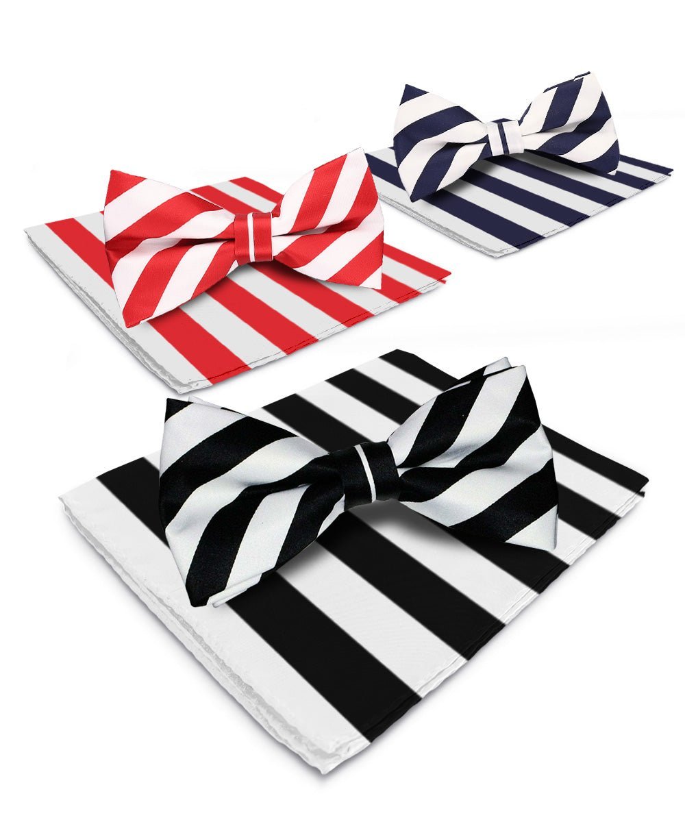 Vittorio Farina Men's Striped Satin Bow Tie & Pocket Square in Gift Box (Multipack) - Suits You Sir - White and Black/White and Red/White and Navy Blue -