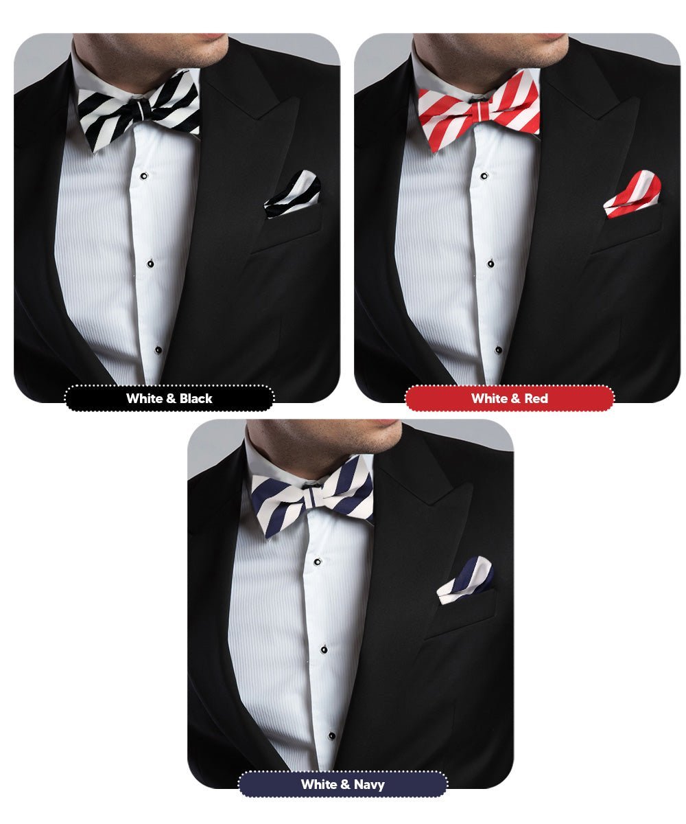 Vittorio Farina Men's Striped Satin Bow Tie & Pocket Square in Gift Box (Multipack) - Suits You Sir - White and Black/White and Red/White and Navy Blue -