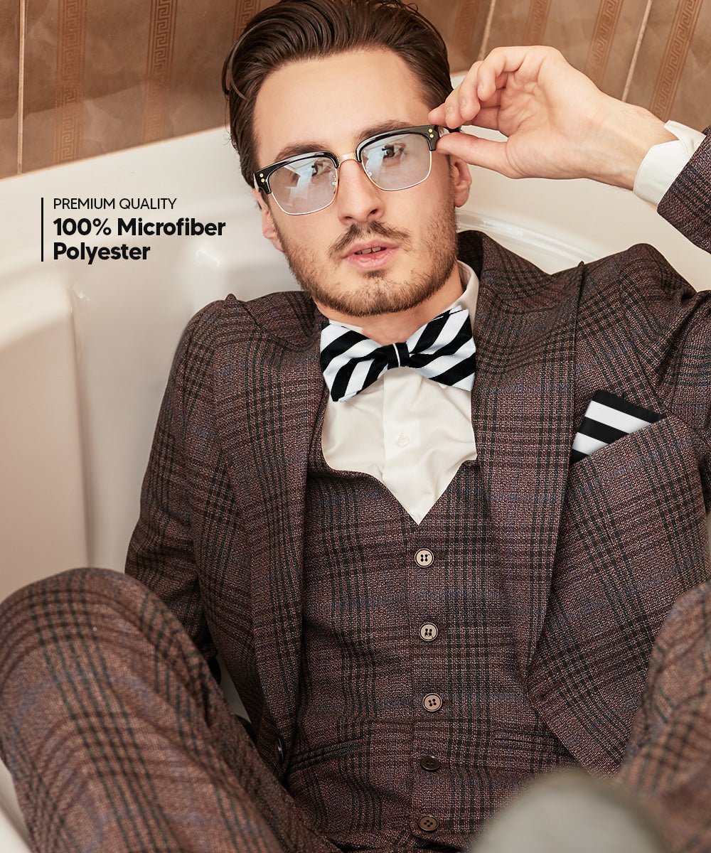 Vittorio Farina Men's Striped Satin Bow Tie & Pocket Square in Gift Box (Multipack) - Suits You Sir - White and Black/White and Red/White and Navy Blue -