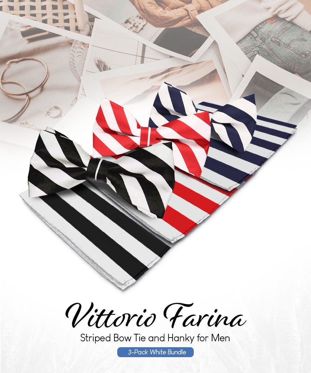 Vittorio Farina Men's Striped Satin Bow Tie & Pocket Square in Gift Box (Multipack) - Suits You Sir - White and Black/White and Red/White and Navy Blue -