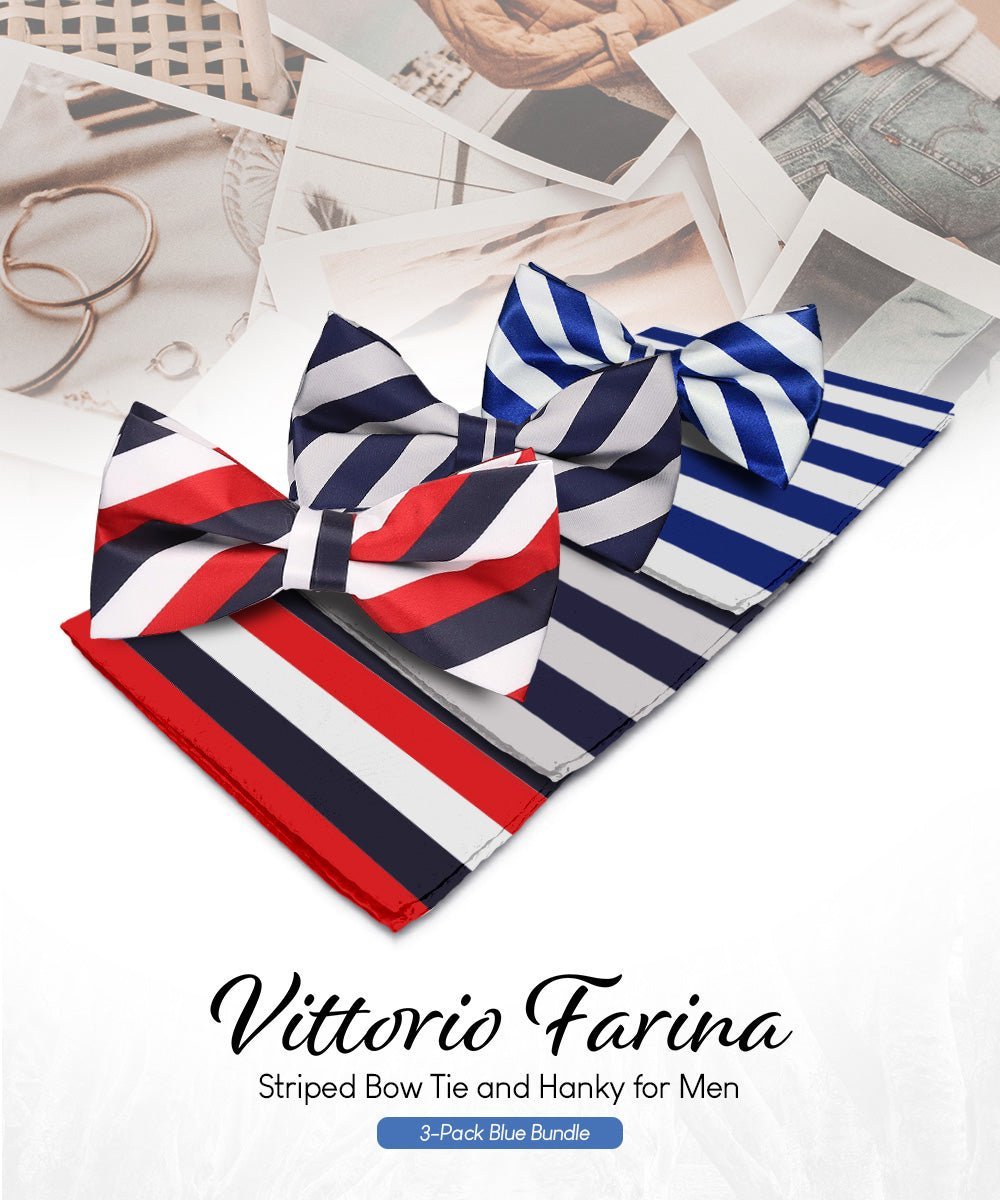 Vittorio Farina Men's Striped Satin Bow Tie & Pocket Square in Gift Box (Multipack) - Suits You Sir - White, Red and Navy Blue/Navy Blue and Gray/Royal Blue and White -
