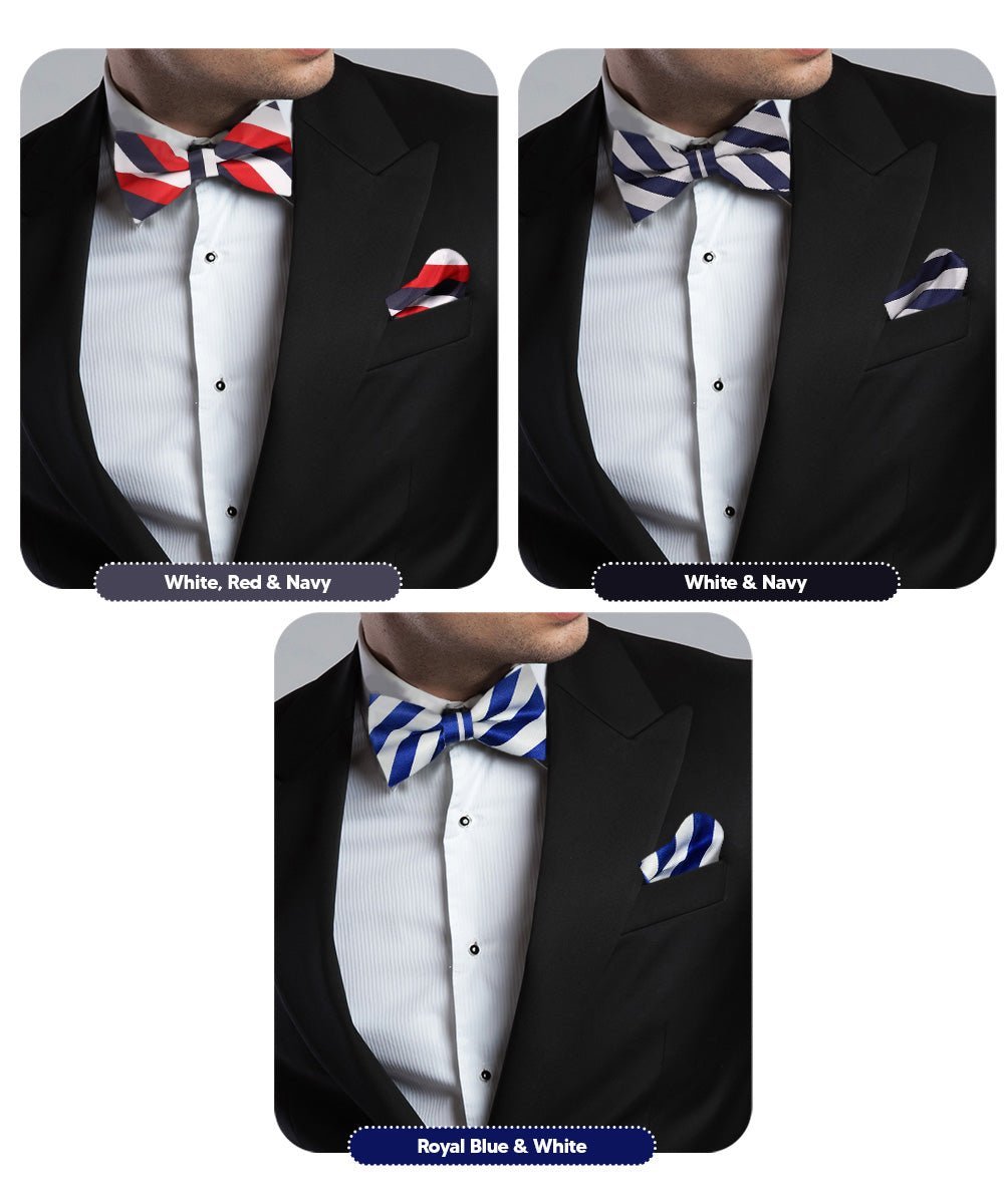 Vittorio Farina Men's Striped Satin Bow Tie & Pocket Square in Gift Box (Multipack) - Suits You Sir - White, Red and Navy Blue/Navy Blue and Gray/Royal Blue and White -
