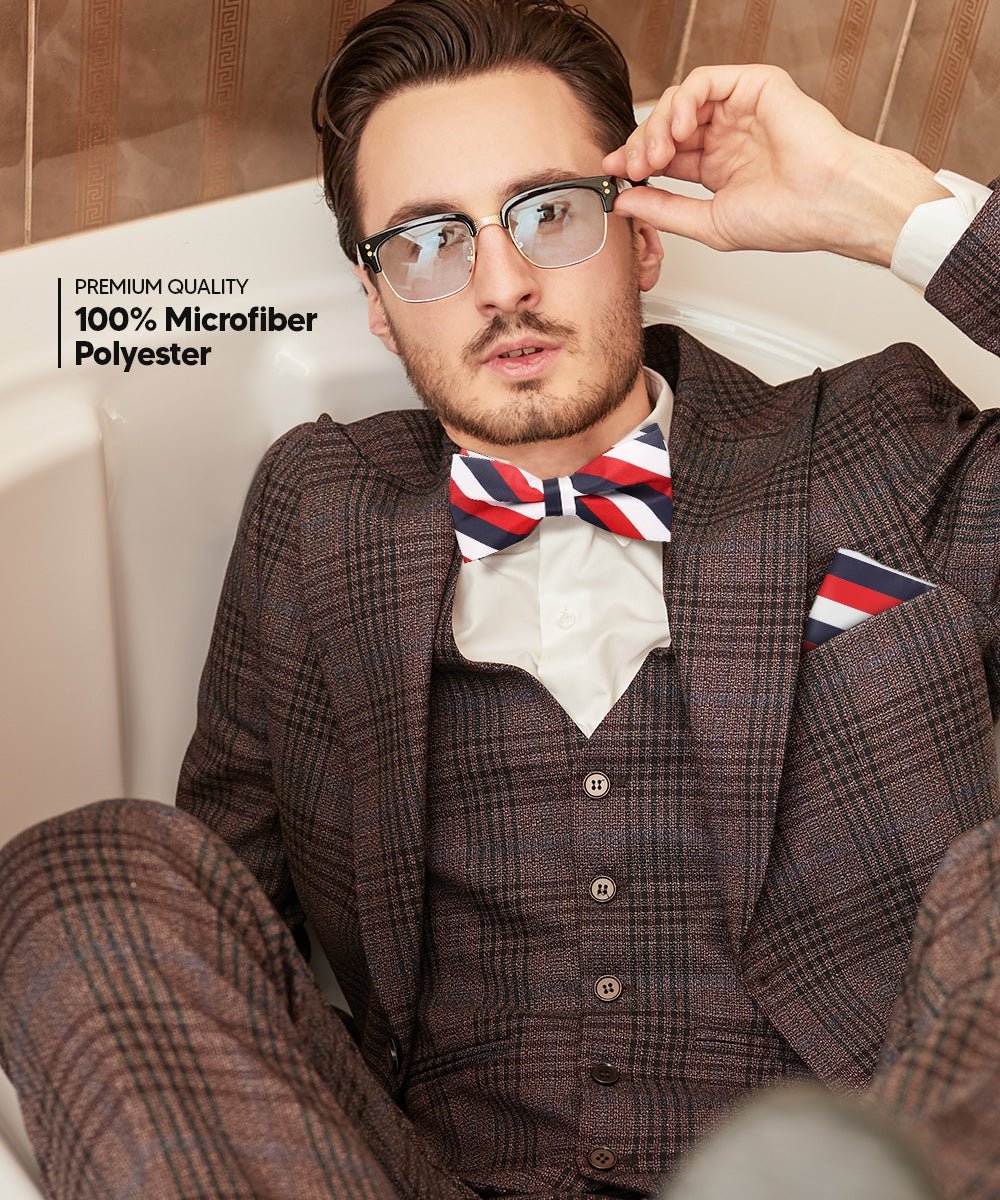Vittorio Farina Men's Striped Satin Bow Tie & Pocket Square in Gift Box (Multipack) - Suits You Sir - White, Red and Navy Blue/Navy Blue and Gray/Royal Blue and White -