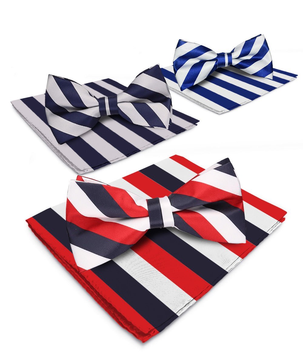 Vittorio Farina Men's Striped Satin Bow Tie & Pocket Square in Gift Box (Multipack) - Suits You Sir - White, Red and Navy Blue/Navy Blue and Gray/Royal Blue and White -